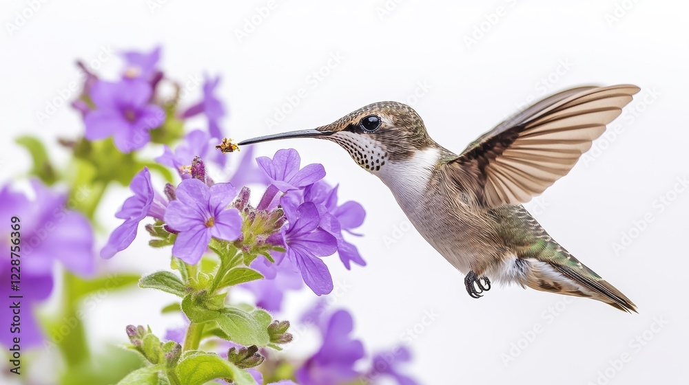 Obraz premium Hummingbird, drooping purple flower bouquet, collecting nectar, watercolor painting, bright lighting, pure white background,