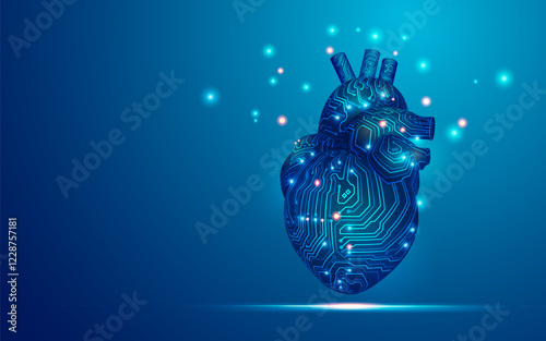 concept of cardiology or medical healthcare technology, graphic of artificial heart combined with electronic pattern