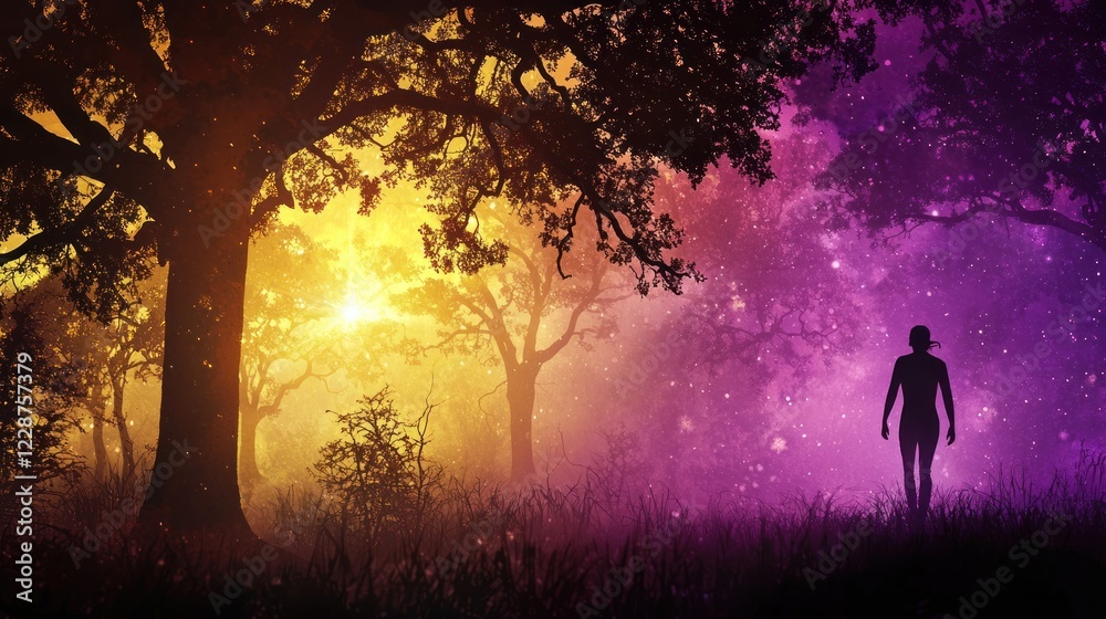 Woman walks mystical forest sunset, purple nebula background, fantasy art, website banner Woman walks mystical forest sunset, purple nebula background, fantasy art, website banner