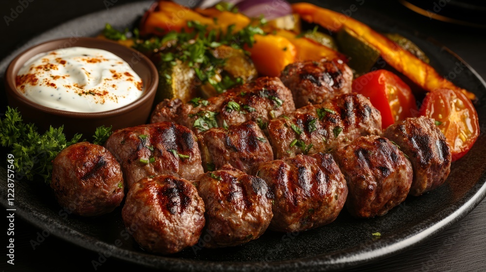 Realistic shot of a mixed meat kebab served with grilled vegetables and a fresh yogurt dip Realistic shot of a mixed meat kebab served with grilled vegetables and a fresh yogurt dip