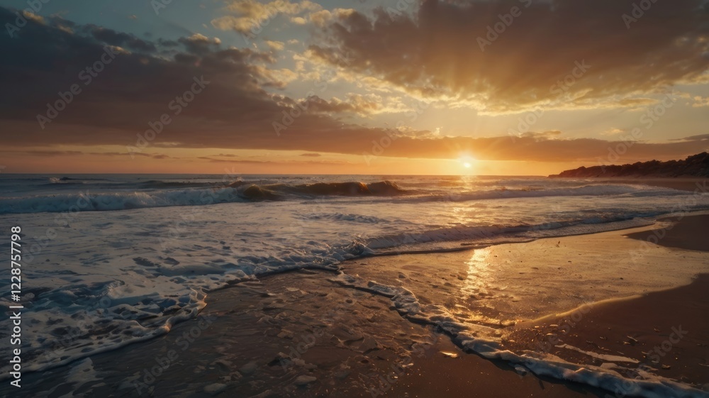 Golden Hour at the Coastline with a beautiful Sunset over the Ocean and waves rolling onto the beach Golden Hour at the Coastline with a beautiful Sunset over the Ocean and waves rolling onto the beach