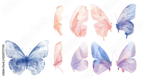 Collection of watercolor butterfly wings in pastel pink, lavender, and soft blue hues on a transparent background