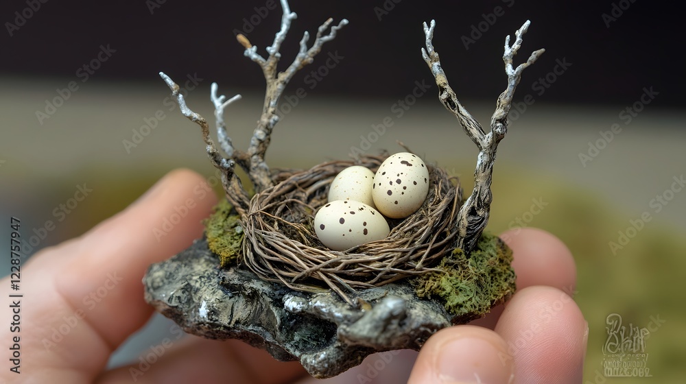 A tiny bird's nest with delicate eggs inside A tiny bird's nest with delicate eggs inside
