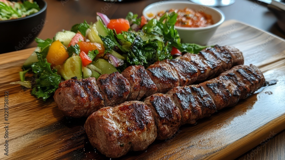 Realistic grilled lamb kebab served on a wooden board, accompanied by a fresh vegetable salad Realistic grilled lamb kebab served on a wooden board, accompanied by a fresh vegetable salad
