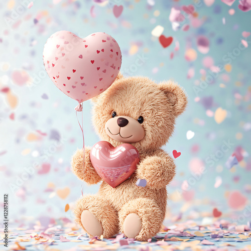 A cute teddy bear holding a heart balloon amidst colorful confetti, perfect for Valentine's Day.