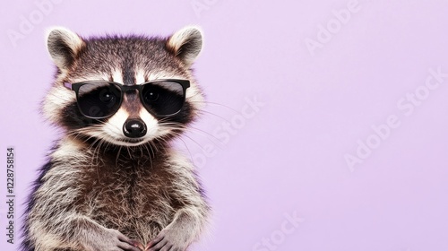 Cool raccoon wearing sunglasses, purple background