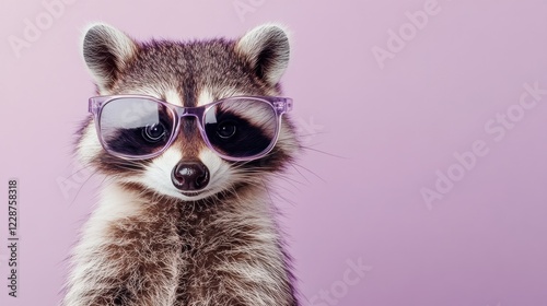 Cool raccoon wearing sunglasses, purple background