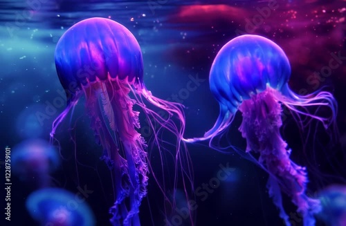 Mesmerizing Underwater Dance of Two Glowing Jellyfish in Vibrant Pink and Blue Hues