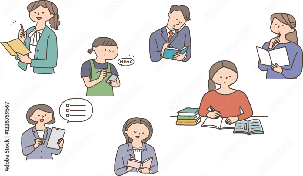メモを取る色々な人物のイラストセット