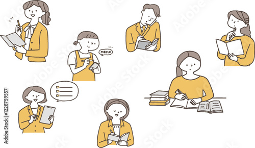 メモを取る色々な人物のイラストセット単色