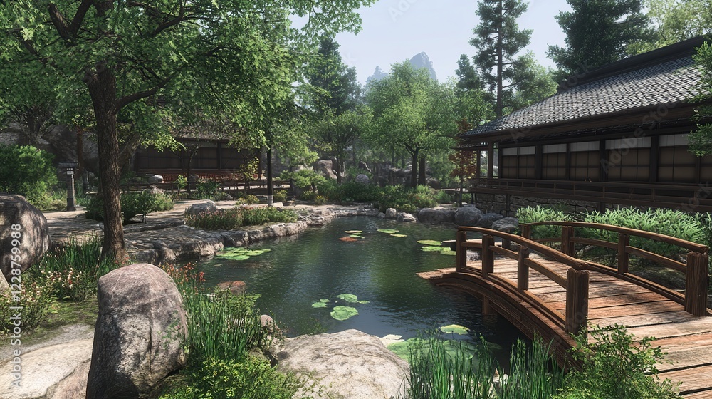 Serene Japanese garden pond, bridge, mountains Serene Japanese garden pond, bridge, mountains