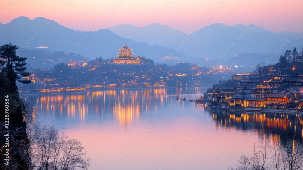 Fototapeta premium Sunset over lake town, temple, mountains