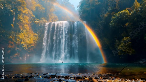 Majestic Waterfall Rainbow Paradise: A Breathtaking Scene of Nature's Beauty in Lush Tropical Forest