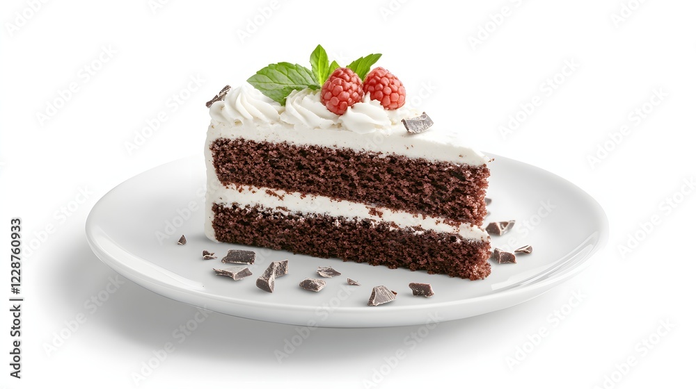 A small white plate with a slice of chocolate cake A small white plate with a slice of chocolate cake