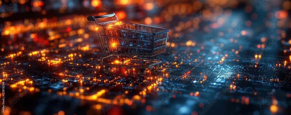 E-commerce, Digital Shopping Cart on Circuit Board E-commerce, Digital Shopping Cart on Circuit Board