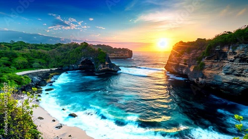 Stunning Sunset over a Secluded Tropical Cove in Nusa Penida, Bali, Indonesia