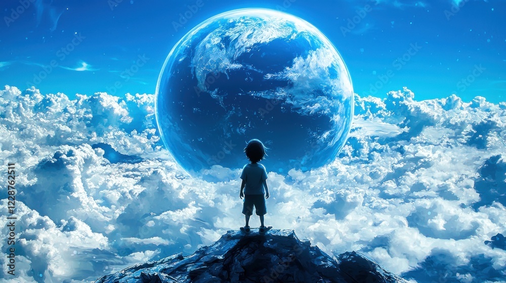 Child gazing at Earth, cloudscape, cosmic scene, hopeful future, fantasy illustration Child gazing at Earth, cloudscape, cosmic scene, hopeful future, fantasy illustration