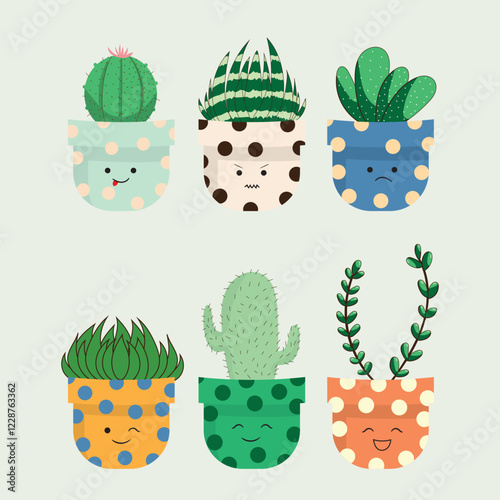 Urban jungles. Tropical leaves in stylish planters and pots. Vector illustration. Cactus with cute pots