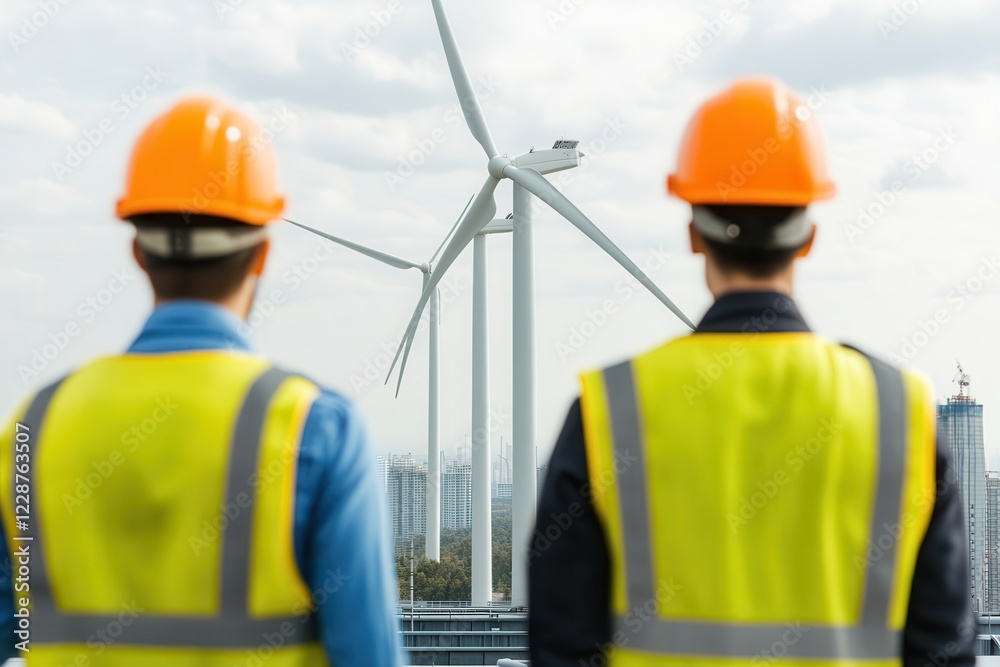Urban explorations spark rooftop adventures. Workers observing wind turbines in safety gear. Urban explorations spark rooftop adventures. Workers observing wind turbines in safety gear.