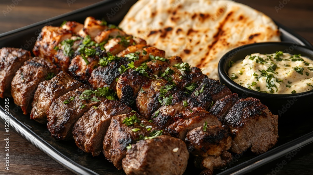 Close-up of a juicy kebab platter with beef and chicken, served with garlic sauce and pita bread Close-up of a juicy kebab platter with beef and chicken, served with garlic sauce and pita bread