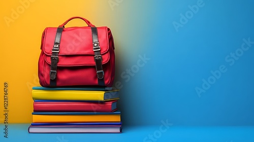 Bright red backpack atop colorful books, perfect for study and inspiration. photo