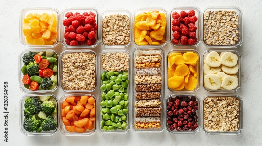 Healthy meal prep containers with cereal bar fruits vegetables and snacks Takeaway food on white background copy space top view Healthy meal prep containers with cereal bar fruits vegetables and snacks Takeaway food on white background copy space top view