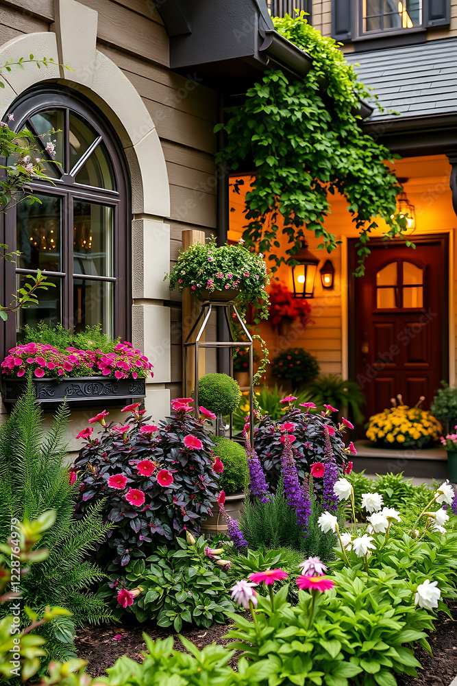 Fototapeta premium Charming Home Exterior with Vibrant Flower Garden and Landscaping. Beautiful summer flowers in full bloom in front of a house with a welcoming entrance.