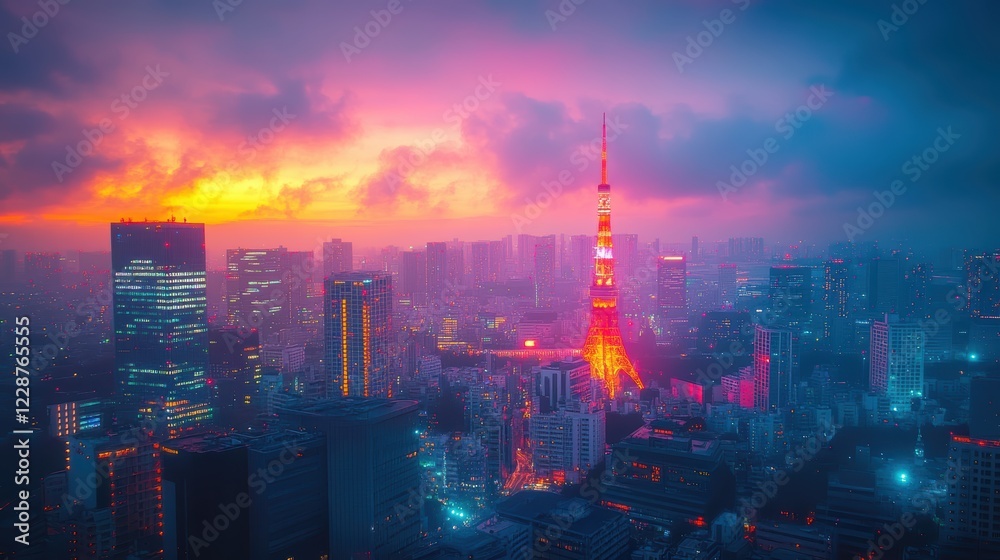 Fototapeta premium lofi with sketch, chill, Vibrant fireworks lighting up the night sky over Tokyo, with colorful explosions reflecting off the cityscape.