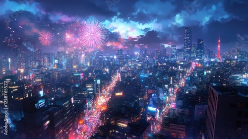 Wallpaper Mural lofi with sketch, chill, Vibrant fireworks lighting up the night sky over Tokyo, with colorful explosions reflecting off the cityscape. Torontodigital.ca