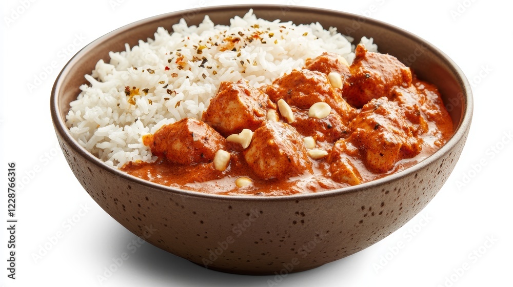 Chicken meat with tikka masala sauce spicy curry food in a bowl with rice and seasonings Chicken meat with tikka masala sauce spicy curry food in a bowl with rice and seasonings