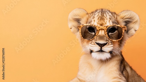 Cute lion cub wearing sunglasses, orange background, safari theme, advertising photo