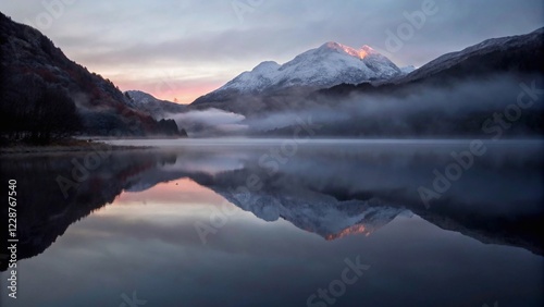Loch Shiel with mist during sunrise in wintertime, the mountains are covered with a fresh layer of snow and the sunlight shines on the tops of the mountains, everything reflected in the water

 photo