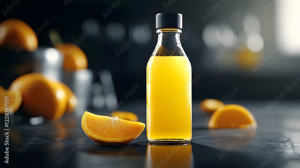 A bottle of fresh orange juice with a slice of orange A bottle of fresh orange juice with a slice of orange