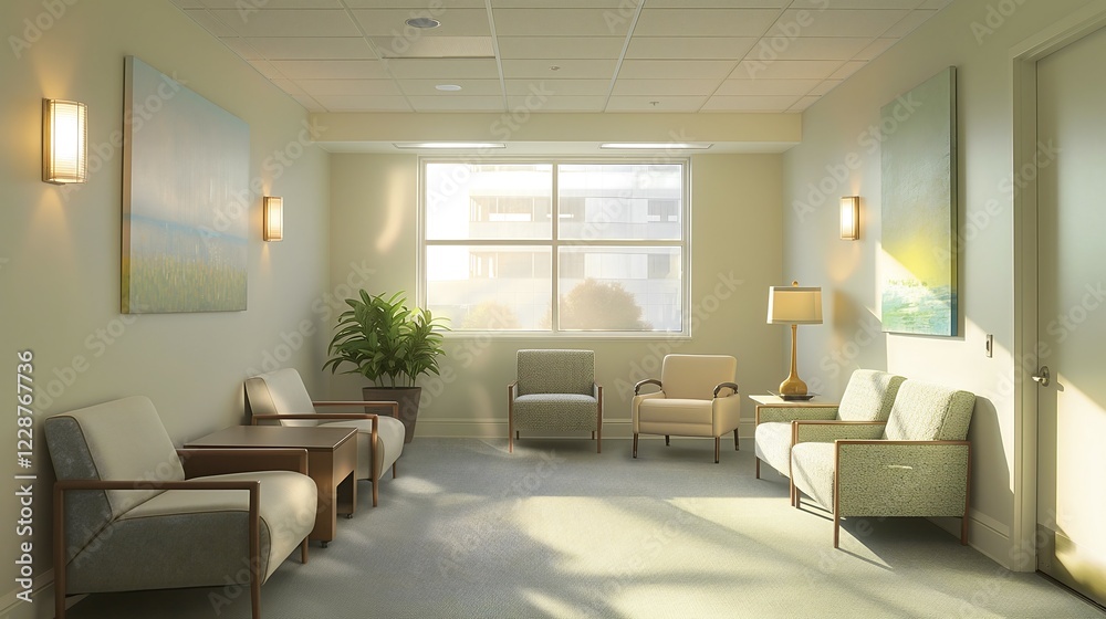 Fototapeta premium A therapy office features soft lighting and comfortable seating arranged to encourage conversation, with calming artwork and natural light creating a peaceful atmosphere