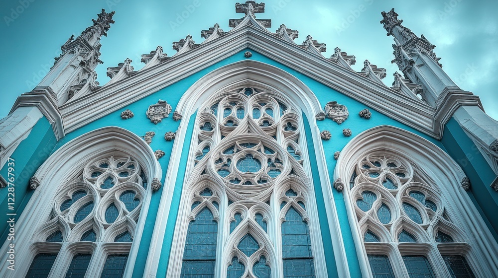 Fototapeta premium Teal Gothic church facade, low angle, cloudy sky, travel brochure