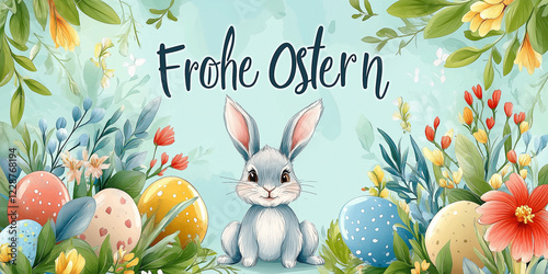 Frohe Ostern - Karte gezeichneter Osterhase mit Ostereier. Ostergrüsse im Comicstil mit freundlichen Osterhasen. photo