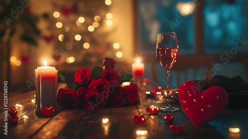 Elegant romantic dinner setup with candles, roses, and sparkling wine. photo