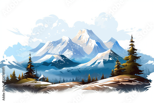 Isolated Snow-Capped Mountain Landscape on White Background. photo