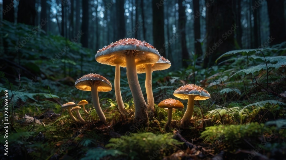 Fototapeta premium Glowing mushrooms in a dark forest illuminated from below with a mystical atmosphere