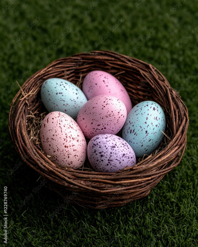 Pastel speckled Easter eggs in a wicker nest