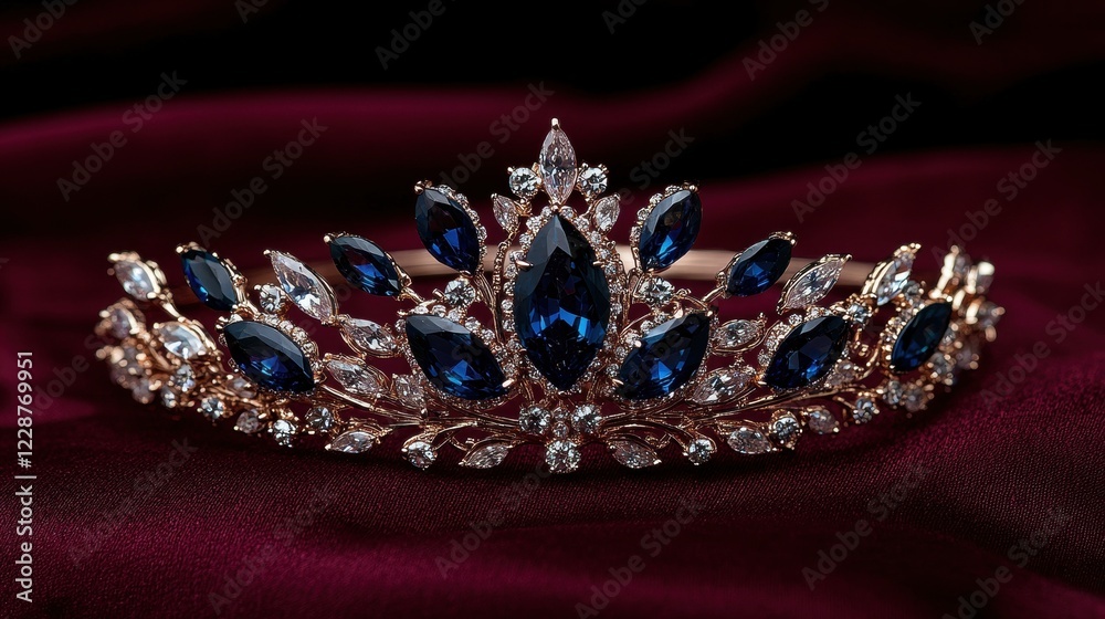 Luxury tiara with sapphires and diamonds on dark red silk