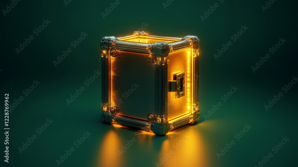 A glowing 3D gold safe box, designed with sharp edges, centered on a smooth green background
