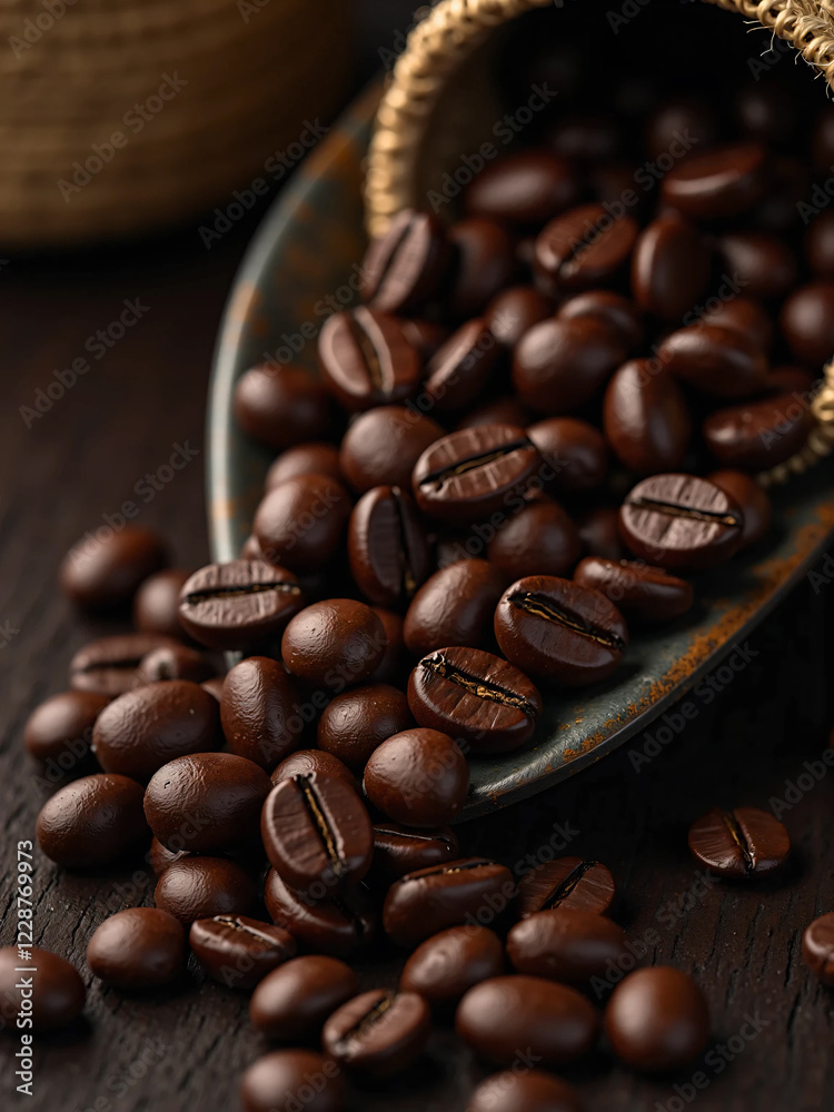 Fototapeta premium Close-Up of Roasted Coffee Beans – High-Resolution Macro Shots Showcasing Glossy Texture, Deep Brown Color, and Rich Aroma with Rustic Wooden Background and Soft Moody Lighting in Stunning Detail.