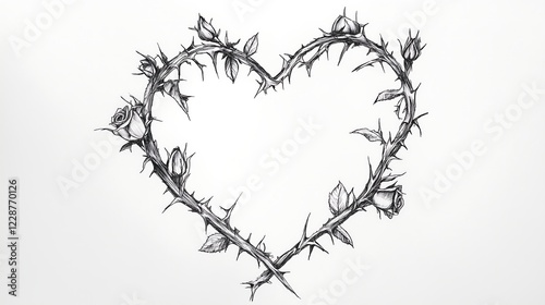 A heart shape drawn with delicate rose thorns minimalist white background pencil drawing tattoo art design illustration, valentines day romantic couple 