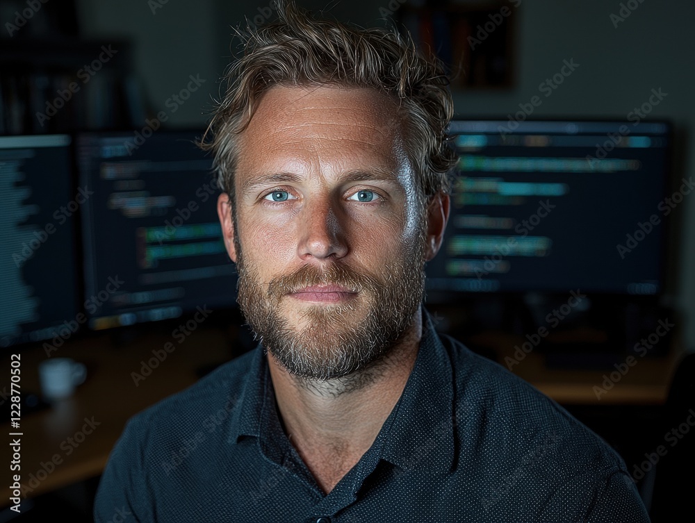 Focused programmer working late at night on his computer Focused programmer working late at night on his computer