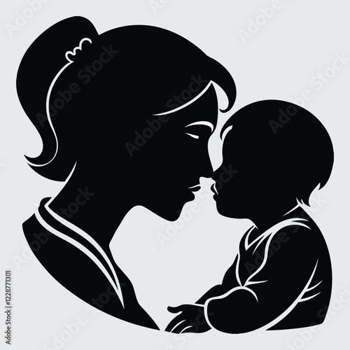 A mother kissing her child’s forehead silhouette image vector art and illustration

