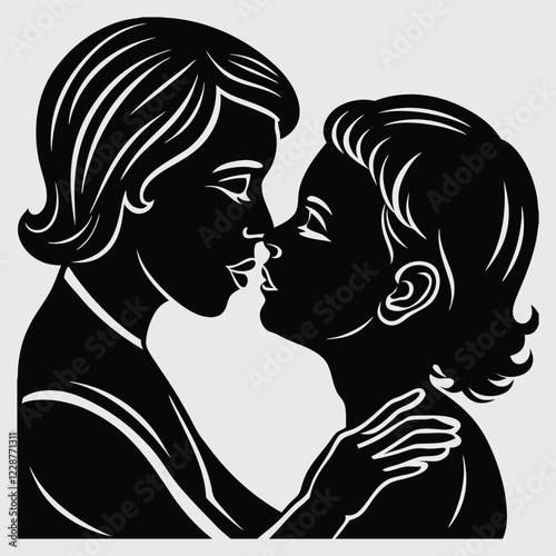 A mother kissing her child’s forehead silhouette image vector art and illustration

