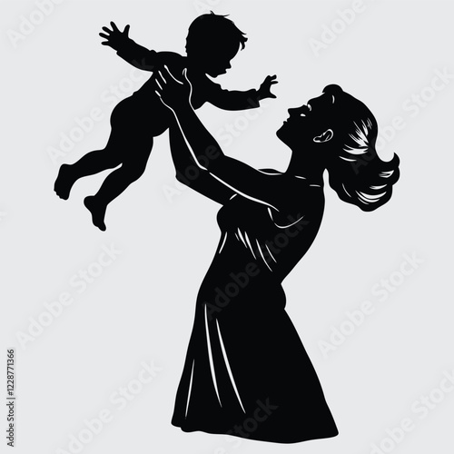  A mother lifting her child in the air, joyful and affectionate silhouette image vector art and illustration

