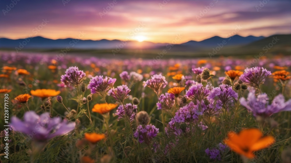 Obraz premium Field of colorful wildflowers at dusk with a mountain range silhouette in the background