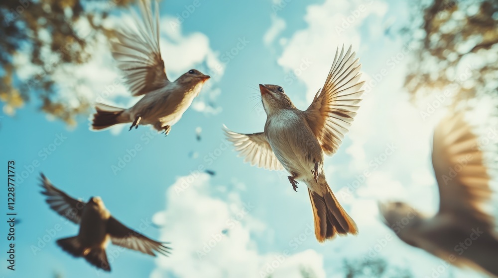 Obraz premium Birds in Flight Against a Bright Blue Sky: A Low-Angle Close-Up